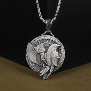 Norse Medallion with Runes Axe and Raven, 925 Sterling Silver Nordic Mythology Necklace, Handmade Oxidized Gothic Necklace, Warrior Pendant