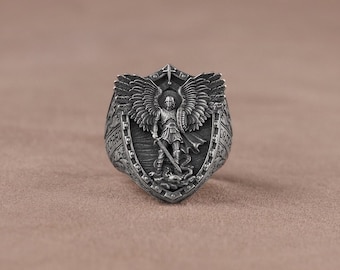 Pierścień ze skrzydłami smoka Archanioła Michała, pierścień nadzwyczajny św. Michała, pierścień chrześcijański św. Michała, pierścień wiary ze srebra oksydowanego, pierścień religijny