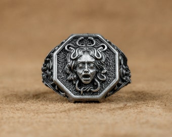 Medusa Silver Ring, Gorgon Medusa Gothic Signet Ring, Medusa with Snake Sterling Silver Ring, Greek Mythology Medusa Head Jewelry, Mom Gift