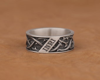 Crown of Thorns and Inrı Engraved Silver Ring, Christian Icon, Jesus the Nazarene King of the Jews Initials 925 Sterling Silver Band Ring