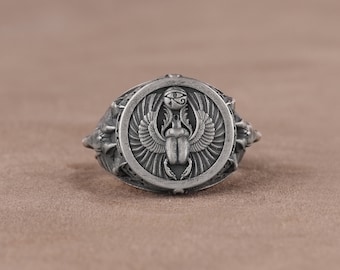Horus Anubis Ring with 3D Scarab, Engraved Handmade Silver Mens Ring, Egyptian God Men Jewelry, Ancient Signet Ring, Mythology Beetle Ring