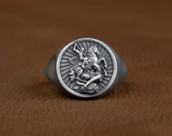 Anillo de hombre de plata de San Jorge, Anillo de fe de San Jorge de Lydda de plata, Anillo cristiano de San Jorge, Anillo meñique de plata oxidada, Anillo religioso