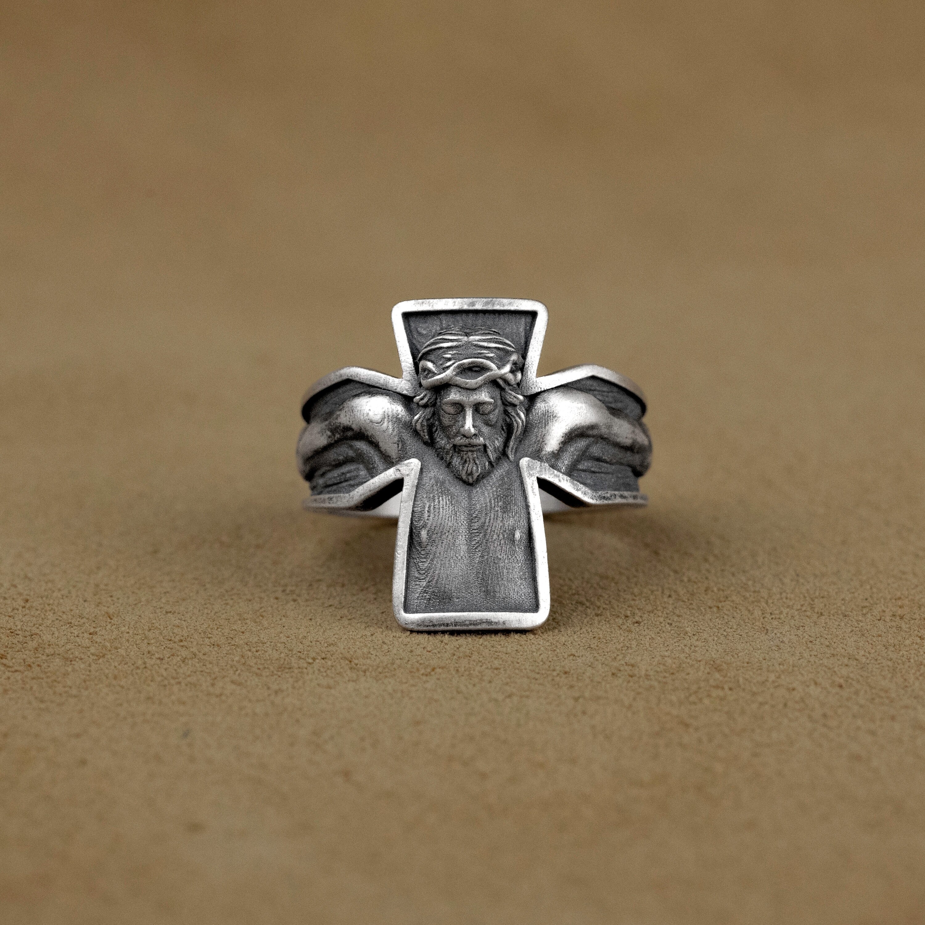 Jesus Crucifixion Sterling Silver Band Ring, Christ Jesus