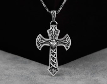 Sacred Heart Silver Men Neckalce, Sacred Heart with Cross Necklace Pendant, Silver Christian Faith Necklace For Family, Gift For Boyfriend