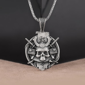 Samurai 3D Mens Necklace, Japanese Samurai Skull Charm, Medieval Necklace, Katana Jewelry, Handmade Sword Pendant, Sterling Silver Necklace