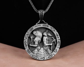 Egyptian Anubis Silver Pendant, Horus and Anubis Hieroglyphics Necklace, Ancient Egyptian God Necklace, Pagan Necklace, Gift For Boyfriend
