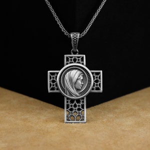 Unqiue Crucifix Men Cross Silver Men Necklace, Virgin Mary Pendant, Holy Mother Crucifix, Christian Catholic Silver Jewelry, Gift For Wife
