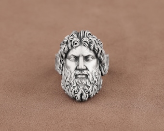 3D Realistic Greek God Zeus Face Statement Ring, Ancient Greece King of the Gods Ring, Handmade 925 Sterling Silver Jewelry, Cool Biker Ring