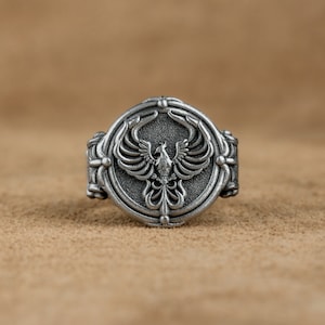 Phoenix Silver Men Ring, Mythical Creature Phoenix Fire Bird Men Ring, Wedding Gift With Mythologic Bird, Gift For Husband, Fantasy Jewelry