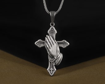 Handmade Praying Hands Holding Praying Beads on Cross Necklace