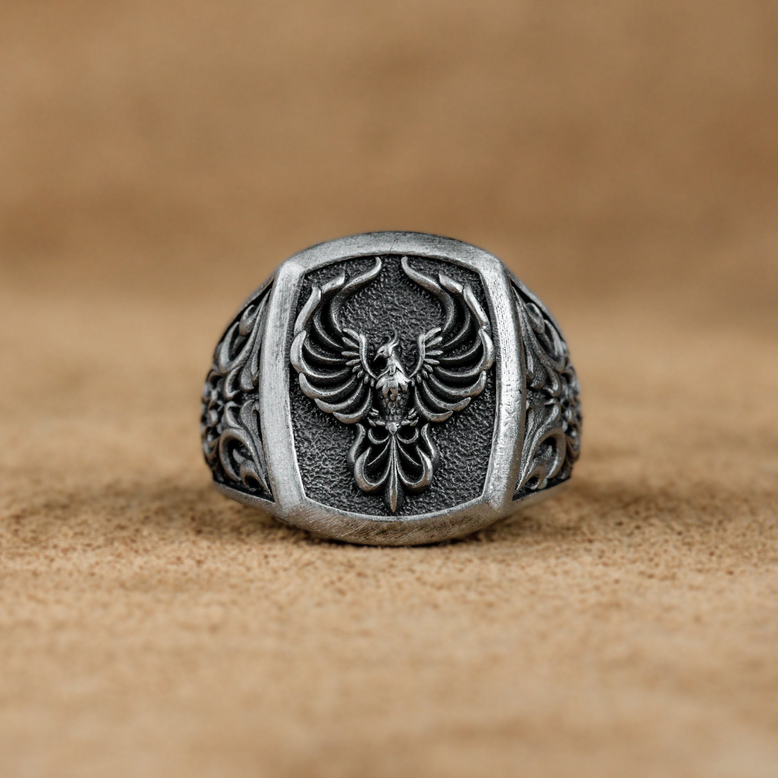 Signet Silver Phoenix Men Modern Ring, Phoenix Silver Ring, Greek