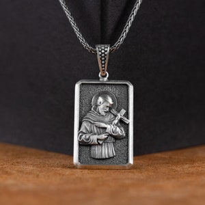 Saint Francis Pendant, Silver Saint Francis Of Assisi Rotating Necklace, Saint Miraculous Medallion, Catholic Jewelry, Religious Men Pendant