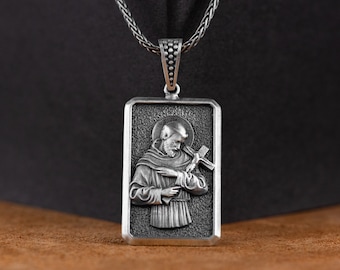 Wisiorek Świętego Franciszka, Srebrny obrotowy naszyjnik Świętego Franciszka z Asyżu, Medalion Świętego Cudownego, Biżuteria katolicka, Wisiorek dla mężczyzn religijnych