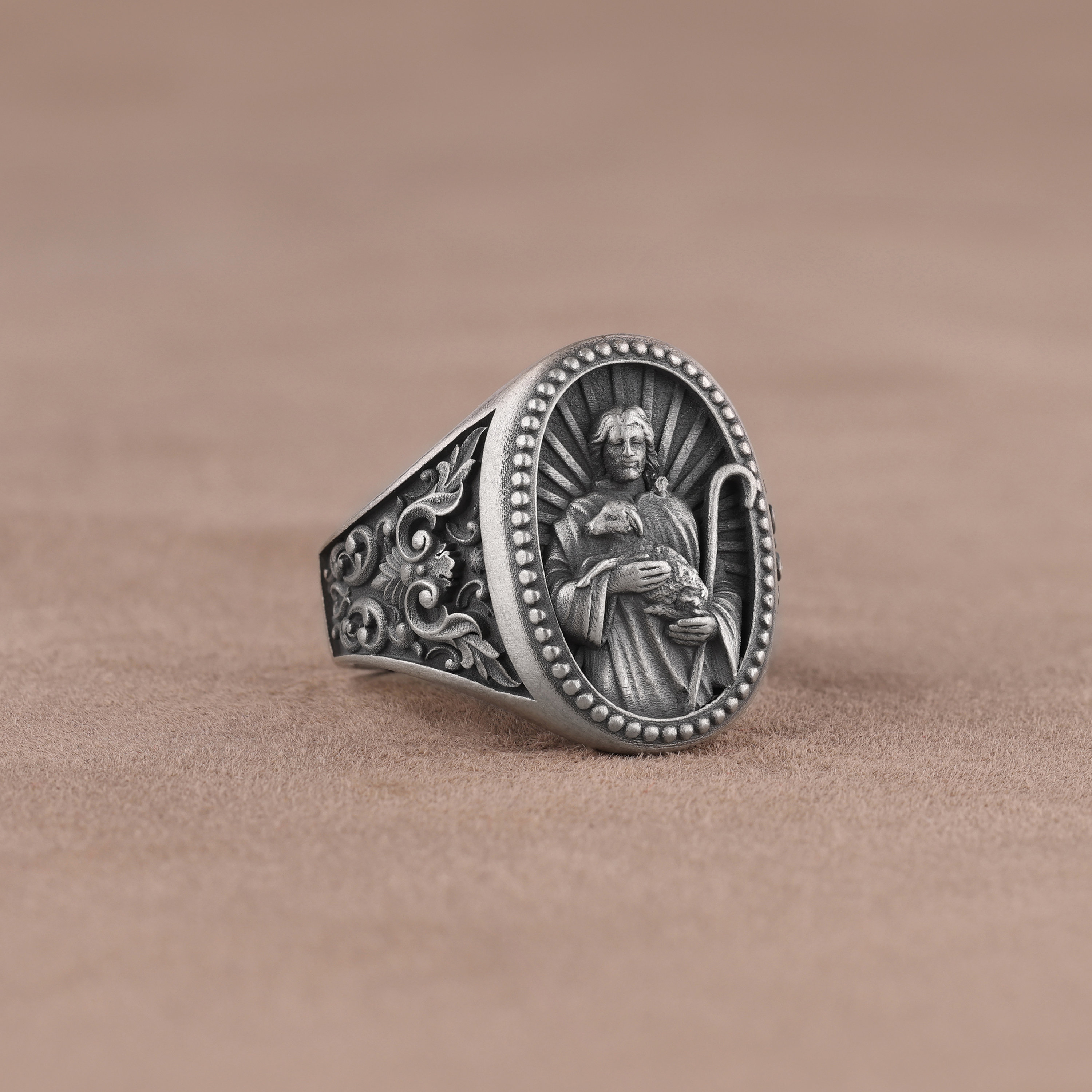 Jesus Christ Holding Lamb Ring, Shepherd Jesus With Lamb, Mens ...