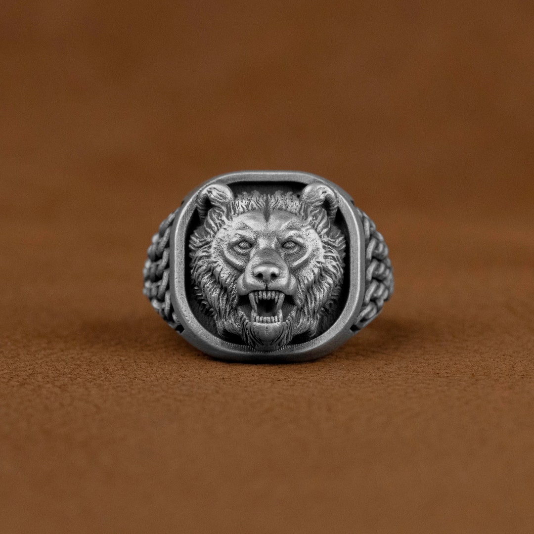 Angry Brown Bear Face Signet Ring, Cool Pinky Ring in Sterling Silver ...