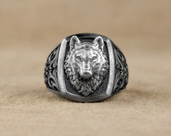 Unique Alpha Wolf Men Signet Silver Men Ring, Handmade Wildlife Jewelry, Silver Cool Men Ring Jewelry, Lover Gift, Wolf Ring, Gift For Men