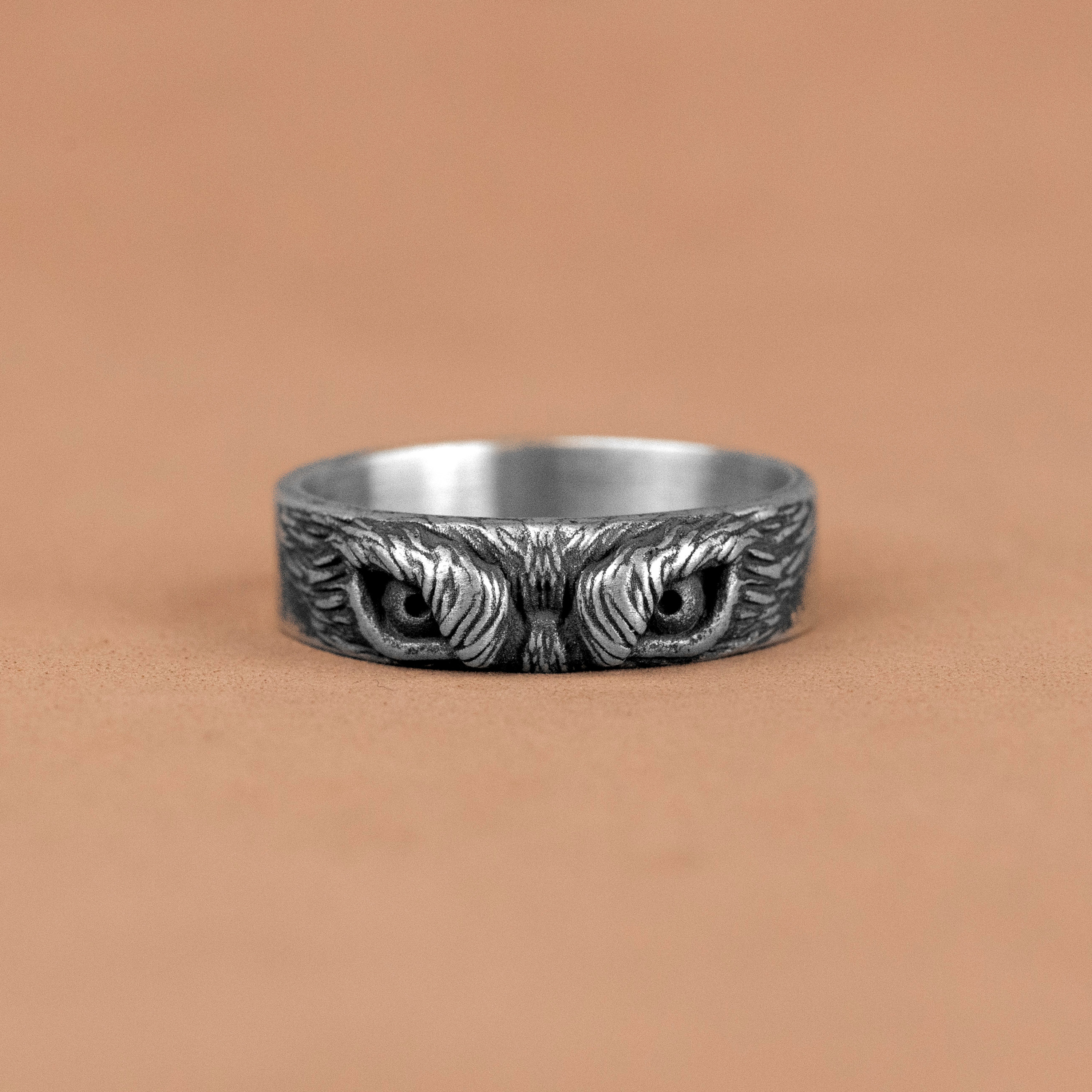 Unique Handmade Owl Eyes Wedding Silver Band Ring, Elegant Owl Band Ring Jewelry, Animal Lover, Myth