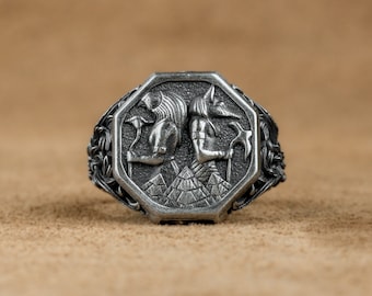 Anubis Ring, Silver Egyptian Anubis Goddess Signet Men Ring, Mythologic Anubis with Horus Jewelry, Underworld Protector Gift For Mother