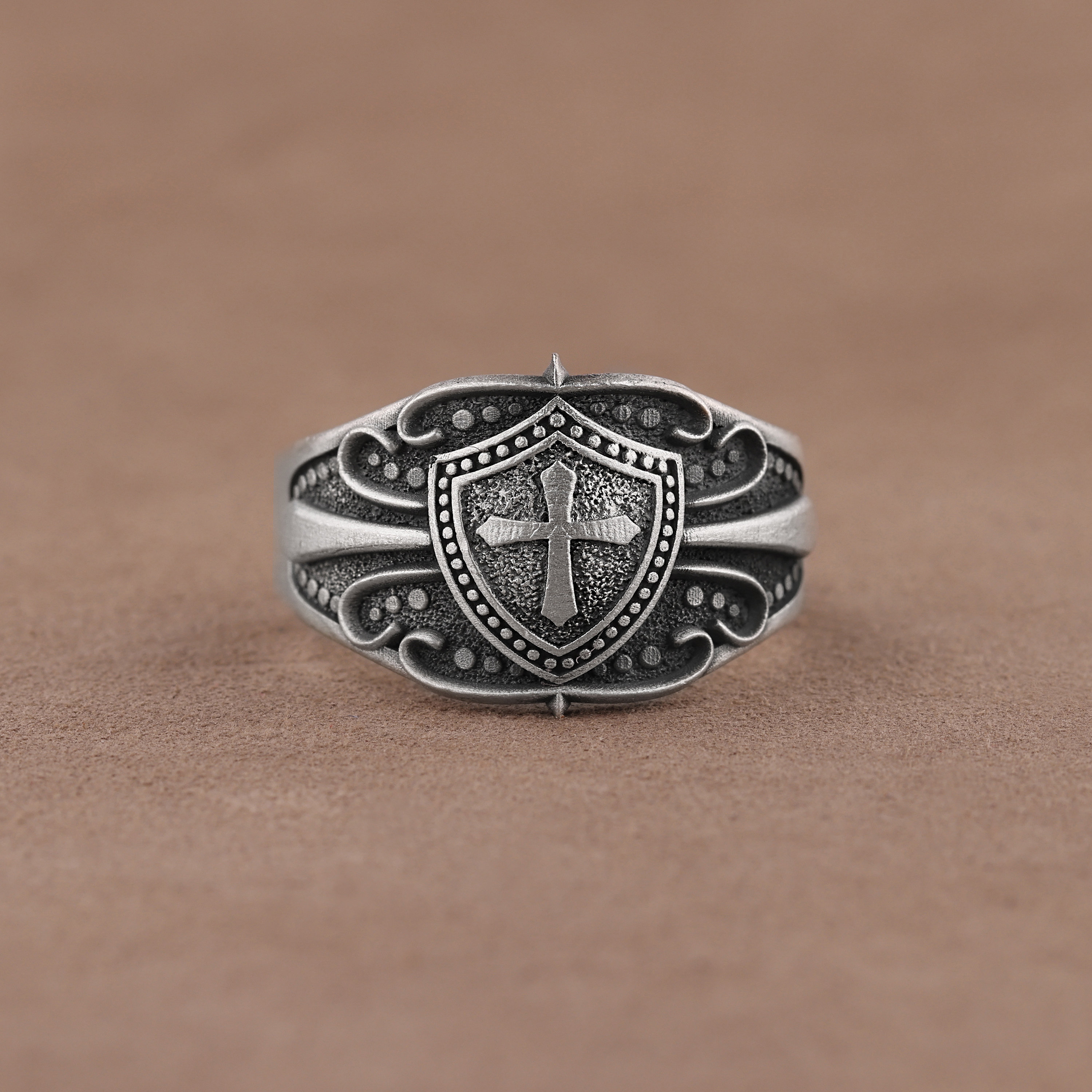 Silver Christian Symbol Cross on Shield Signet Ring, 925 Sterling Silver Religious Mens Ring, Unique Catholic Jewelry, Crusader Ring