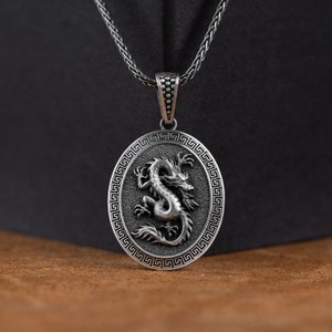 Dragon Silver Pendant, Chinese Dragon Silver Vintage Personalized Men Necklace, Handmade Engraved Necklace, Animal Pendant Necklace