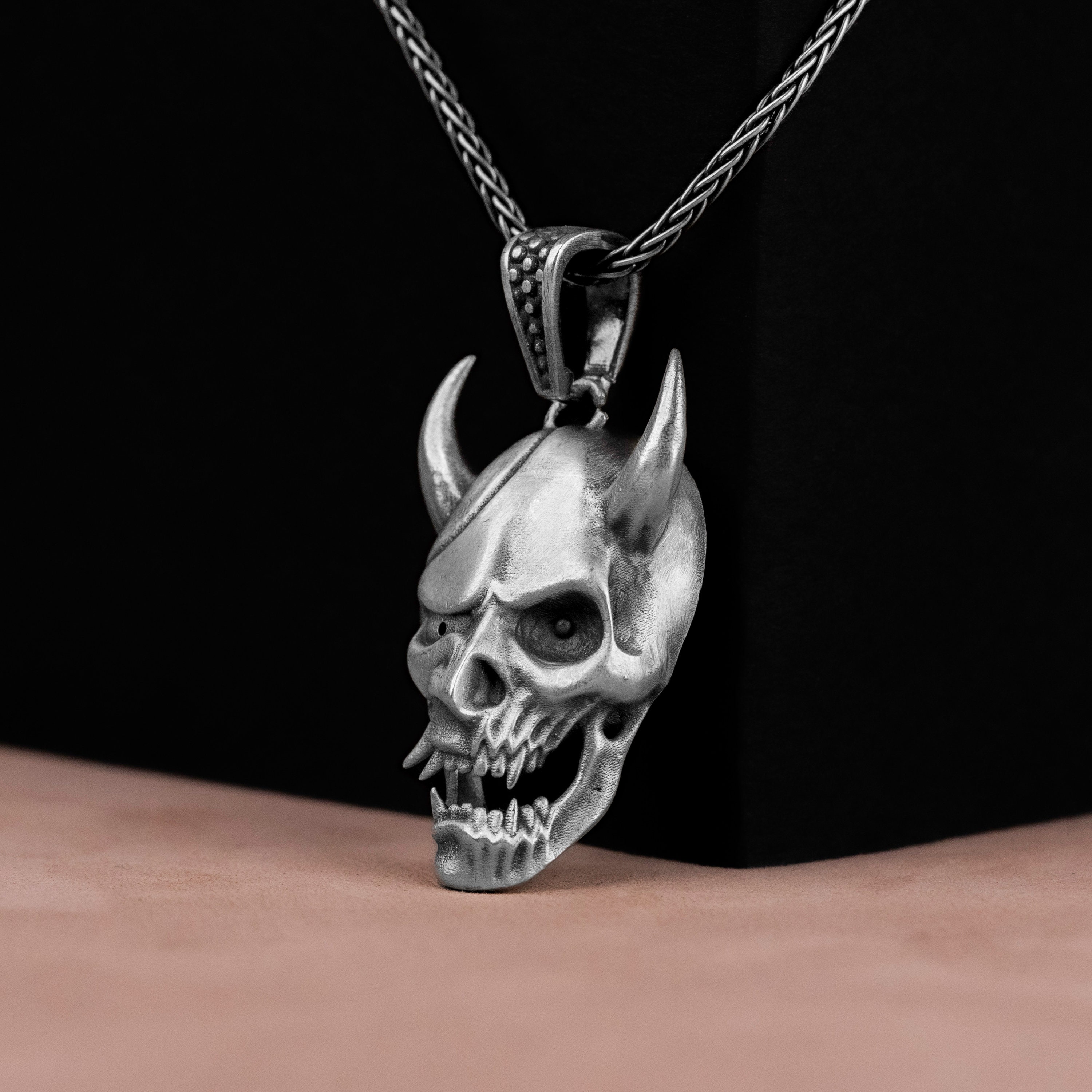 Broked Devil Head Silver Men Neckalce, Sterling Silver Pagan Biker 
