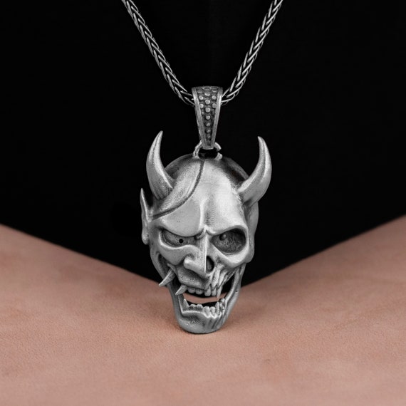 Broked Devil Head Silver Men Neckalce, Sterling Silver Pagan Biker