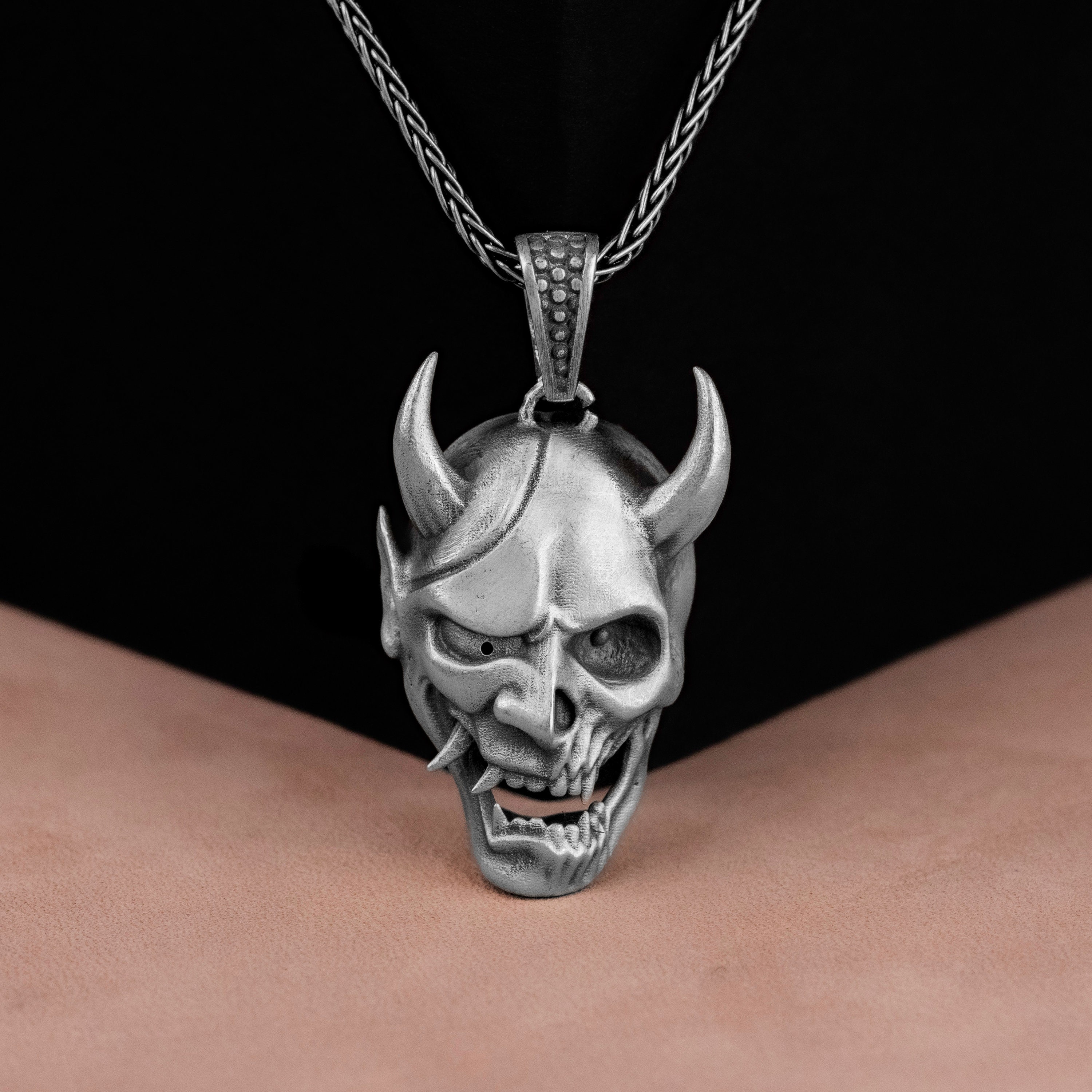 Broked Devil Head Silver Men Neckalce, Sterling Silver Pagan Biker