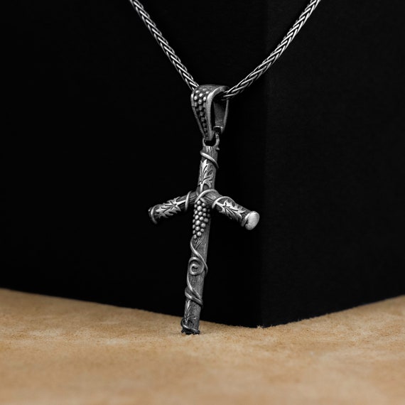 Silver Saint Nino's Crucifix Necklace, Grape Cross Men Pendant