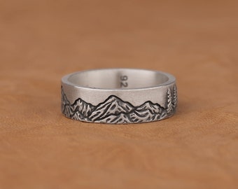 Berge und Kiefern Wald Kunst Ring Silberring, Minimalist 925 Sterling Silber oxidierter Verlobungsring, Natur inspiriert Schmuck Geschenke