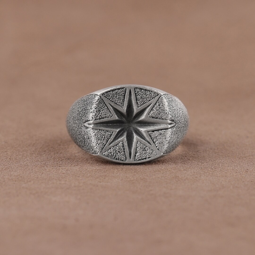 North Star Carved Unisex Signet Ring, 925 Sterling Silver Mens