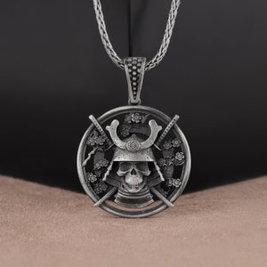 Sakura Samurai Necklace, Silver Dead Samurai Necklace, Swords Jewelry, Japanese Pendant, Sterling Silver Oxidized Trendy Boyfriend Necklace