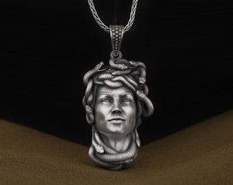 Handmade 3D Medusa Head Pendant, 925 Sterling Silver Greek Bust Necklace, Unique Fantasy Necklace, Cool Silver Mythology Jewelry for Them