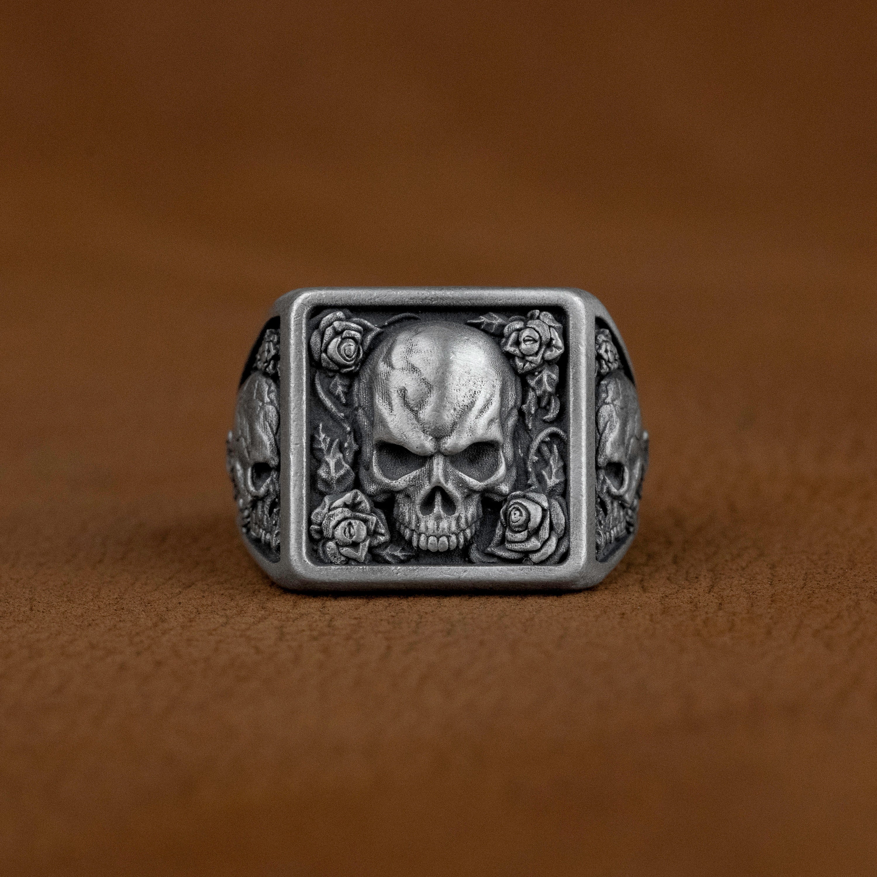 Skull With Rose One of A Kind Silver Men Ring, Floral Signet Ring