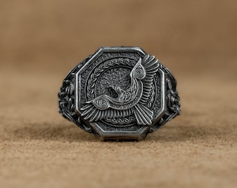 Viking Raven Bird Silver Men Ring, Norse Mythology Raven Bird of Prophecy Ring, Viking Ring with Raven Symbol, Celtic Jewelry, Birthday Gift