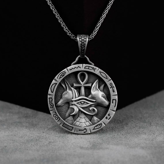 Egyptian Symbols Silver Men Necklace, Eye of Horus and Egyptian