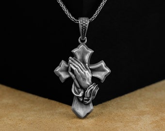 Collar De Plata Esterlina 925 - Colgante 'Manos En Oración' Con Cruz Móvil - 24 Pulgadas, Hecho A Mano En USA