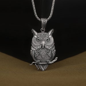 Celtic Knots Ornamented Owl Necklace, Sterling Silver Night Owl on the Branch Pendant, Athena&#39;s Owl Mythology Necklace for Her, Unique Gifts