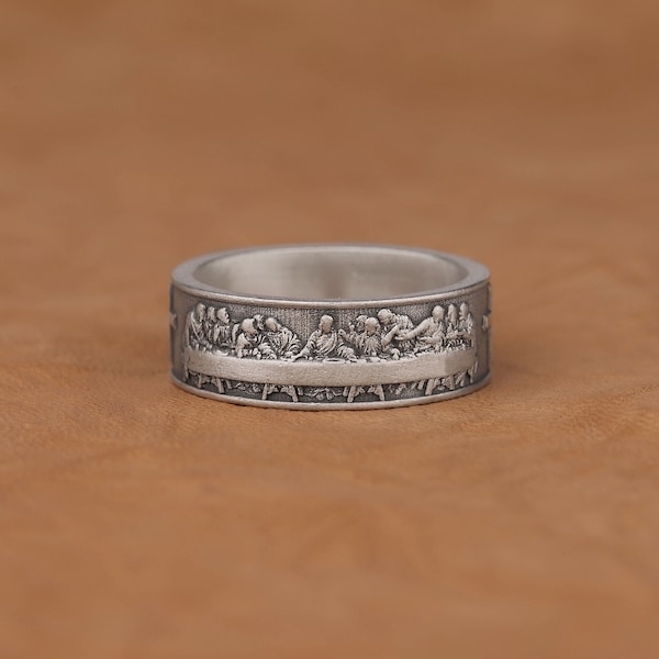 Handmade The Last Supper Art Ring with a Cross in 925 Sterling Silver, Personalized High Quality Jesus and His Disciples Religious Ring