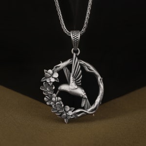 Lovely Hummingbird on Blossomed Branch Silver Pendant, Handmade Floral Animal Necklace for Animal Lovers, Mythological Animal Dainty Jewelry