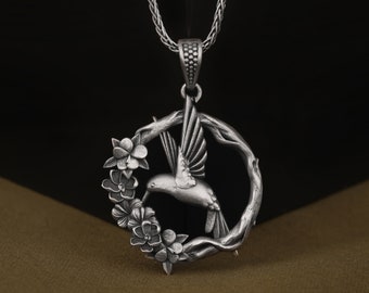 Lovely Hummingbird on Blossomed Branch Silver Pendant, Handmade Floral Animal Necklace for Animal Lovers, Mythological Animal Dainty Jewelry