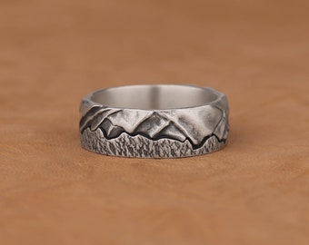 Ręcznie robiony srebrny pierścień z górami i niebem, biżuteria brutalistyczna, składane oksydowane pierścienie motocyklowe dla nich, awangardowa biżuteria na prezenty