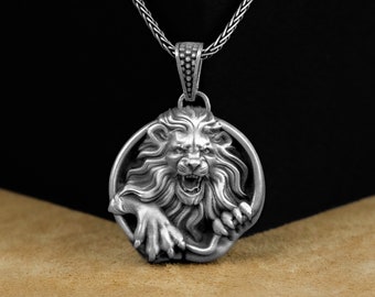Lion Pendant, Lion Furious Angry Silver Men Necklace, African Wild Lion Necklace, Zodiac Leo Jewelry, Birthday Gift, Zodiac Memorial Gift