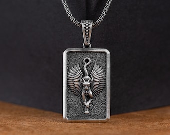Srebrny wisiorek Sfinks, Srebrny spersonalizowany naszyjnik męski Sfinks, Biżuteria z egipskich kotów, Biżuteria z mitologii egipskiej, Biżuteria męska, Prezent urodzinowy