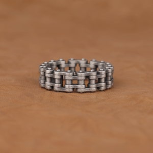 Oxidized Sterling Silver Bike Chain Ring For Motorcycle Lovers, Unusual and Unique Statement Ring, Mens Boho Band Ring, Cool Birthday Gift