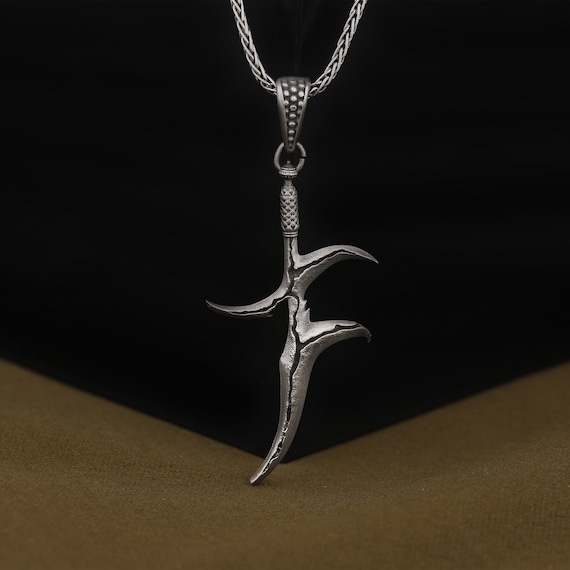Unusual Oxidized Curved Dagger Pendant, Mens Sterling Silver