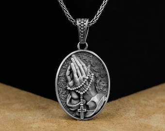 Modlące się ręce wisiorek, Modlące się ręce z różańcem srebrny naszyjnik męski, religijna biżuteria chrześcijańsko-katolicka, wisiorek Modlące się ręce