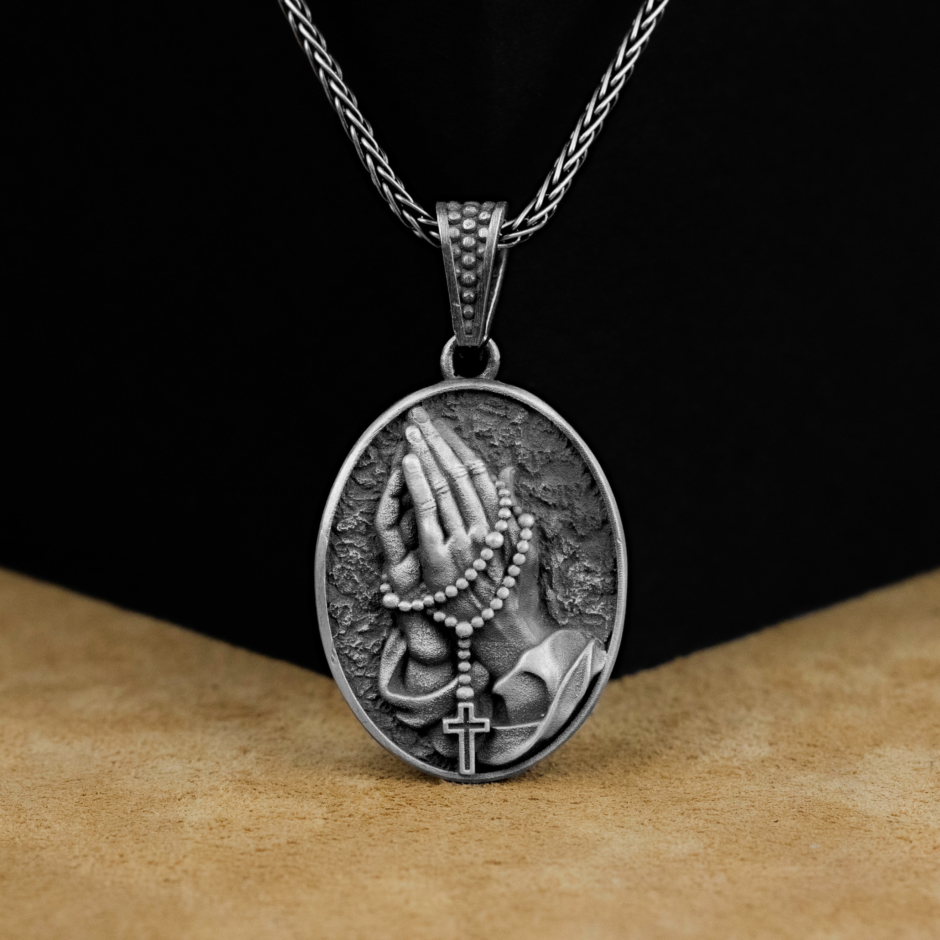 Silver 925 Pray Hand ＆Old school Chain Vintage HS Secret Prayer Box Sterling Silver 925 Pendant