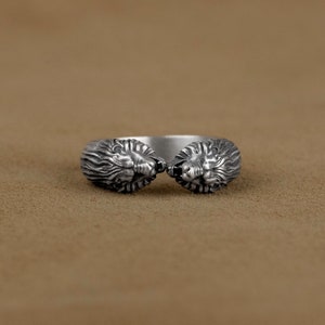 Lion Silver Band Ring, Sterling Silver Ring, Twin Lion Head Wedding, Zodiac Leo Band Ring, Gift For Boyfriend, Gift For Girlfriend, Leo Ring