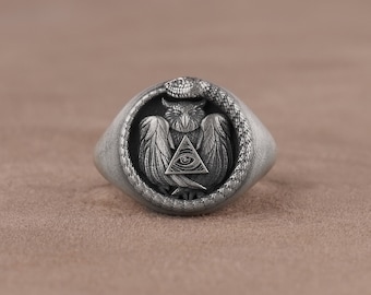Pierścień Wąż Ouroboros Sowa Oko Opatrzności, Znak Wolnomularstwa, Męski Srebrny Pierścień, Grawerowany Pierścień Sygnetowy Dla Mężczyzn, Utleniony Pierścień Dla Męża