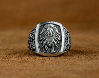 Anillo de hombres león de plata, anillo de plata Leo de hombres únicos, joyería de signo del zodíaco grabado, joyería Leo, anillo del horóscopo para novio, anillo de astrología